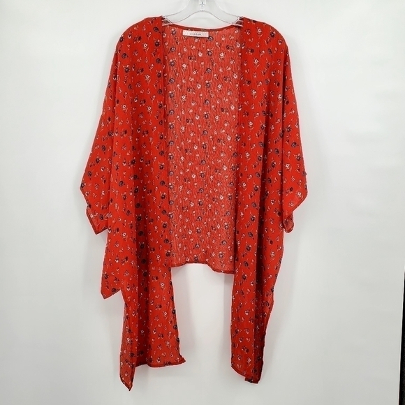 Dreamers Red Floral Tie Front Kimono Style Lightweight Cardigan - Picture 2 of 8